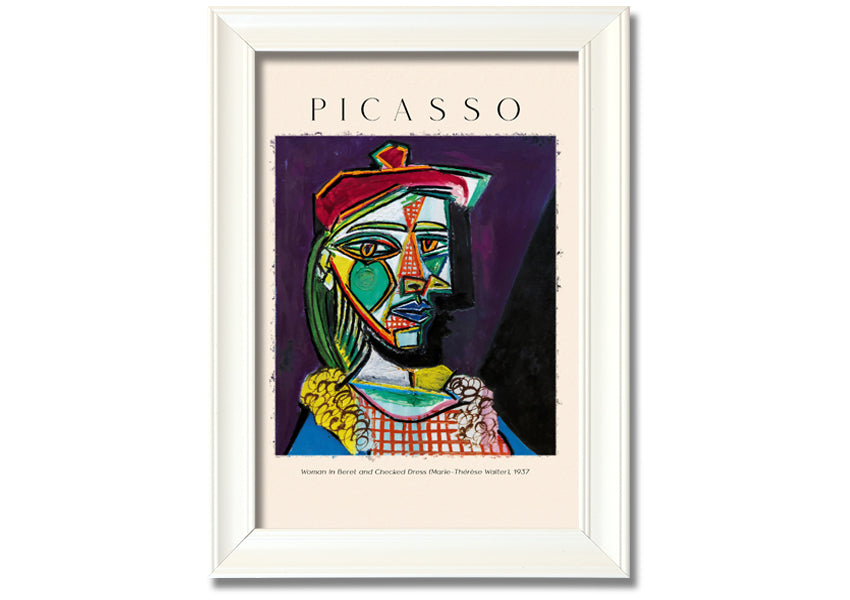 A vibrant reproduction of Picasso's 'Woman In Beret And Checked Dress 1937' printed on canvas, framed and ready to hang.